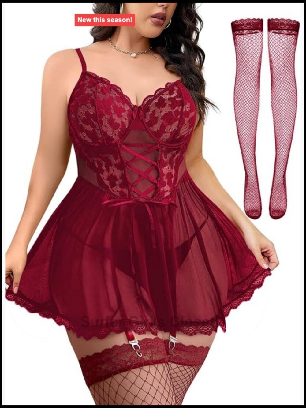 Plus Size Sheer Lace Garter Babydoll Lingerie Set with Thong